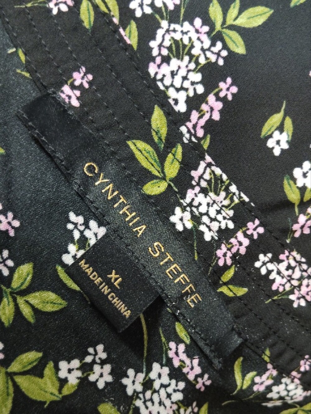 Cynthia Steffe Black V-Neck Floral Top with Pink Blossoms and Green Leaves - Picture 4 of 8
